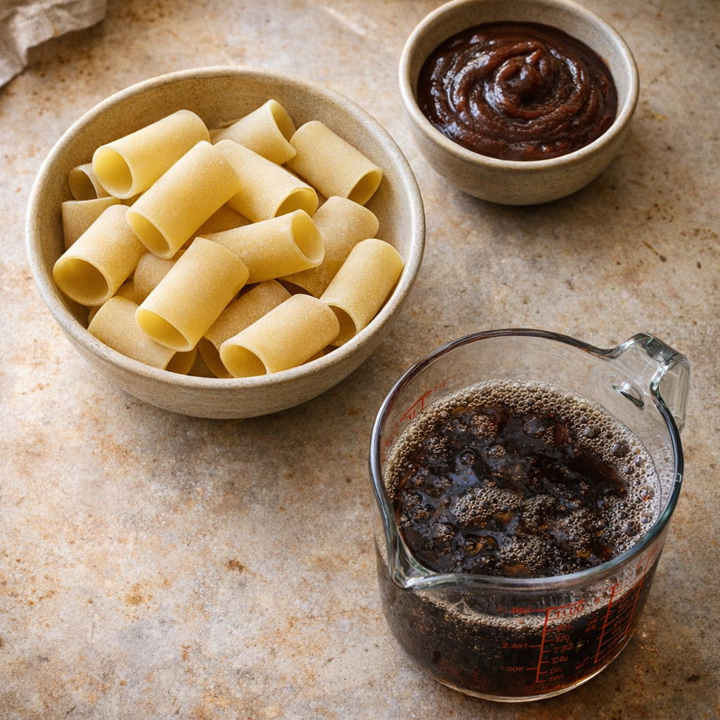 Three ingredients arranged on a kitchen counter