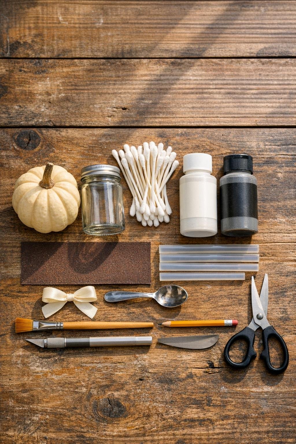 Materials for a gourd and spice jar Q-tip dispenser laid out together