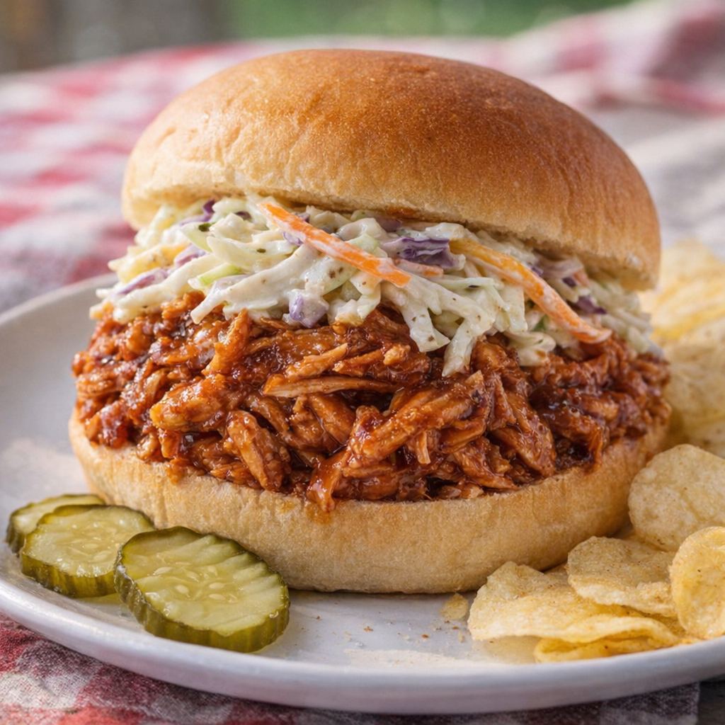Barbecue chicken sandwich with coleslaw on a soft bun