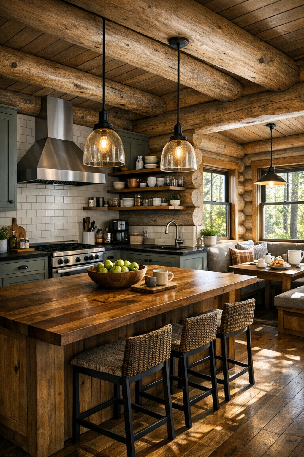 Inviting log home kitchen with muted cabinetry, stone counters, and a large island