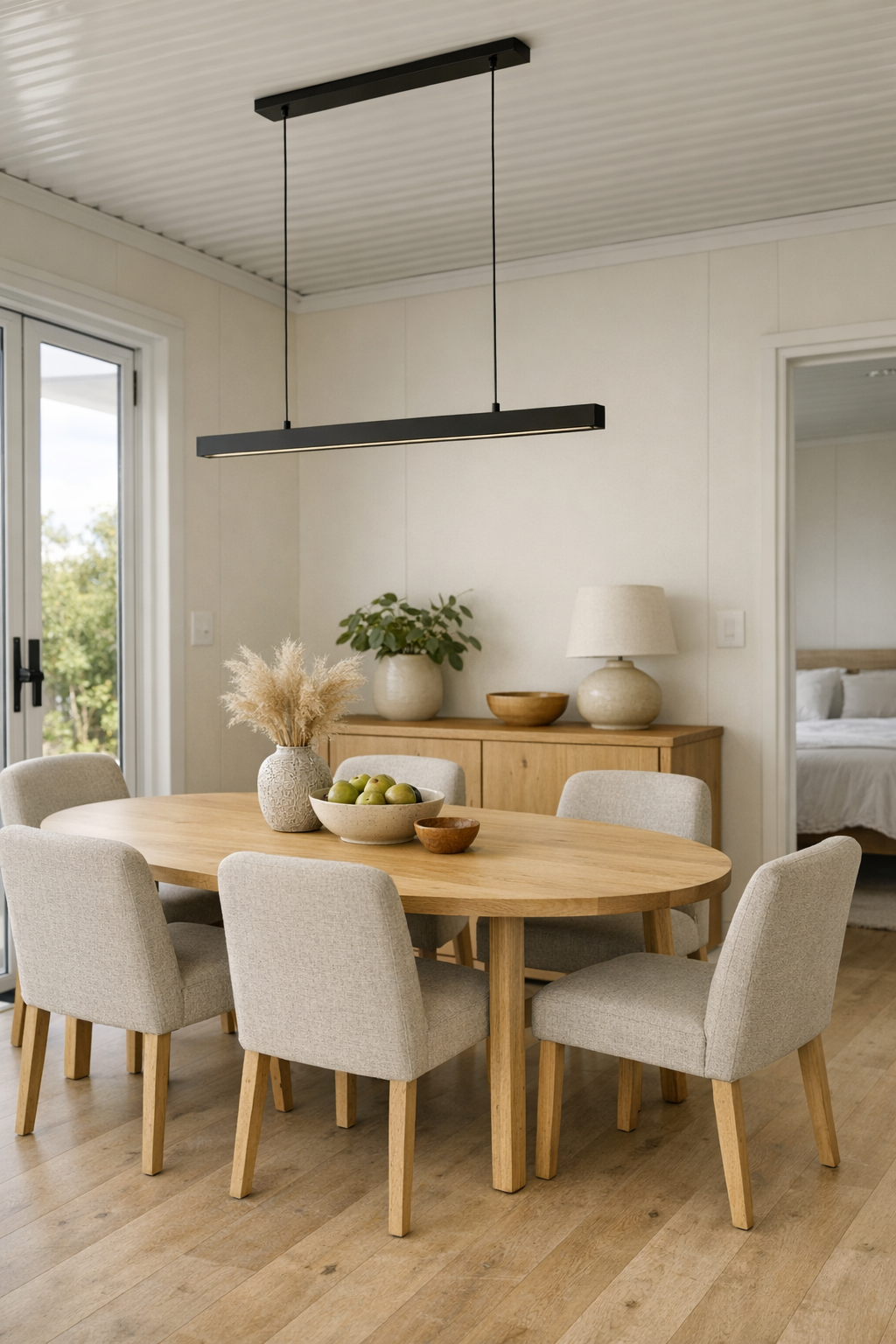 Soft modern dining room with oval wood table and upholstered flax chairs