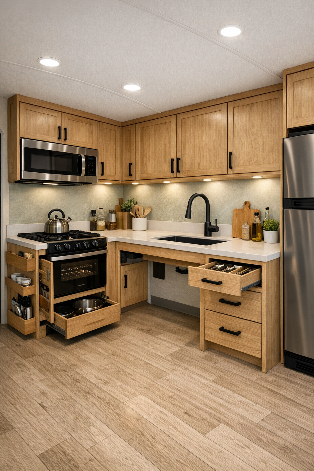 Compact accessible RV kitchen with oak cabinets and pale counters