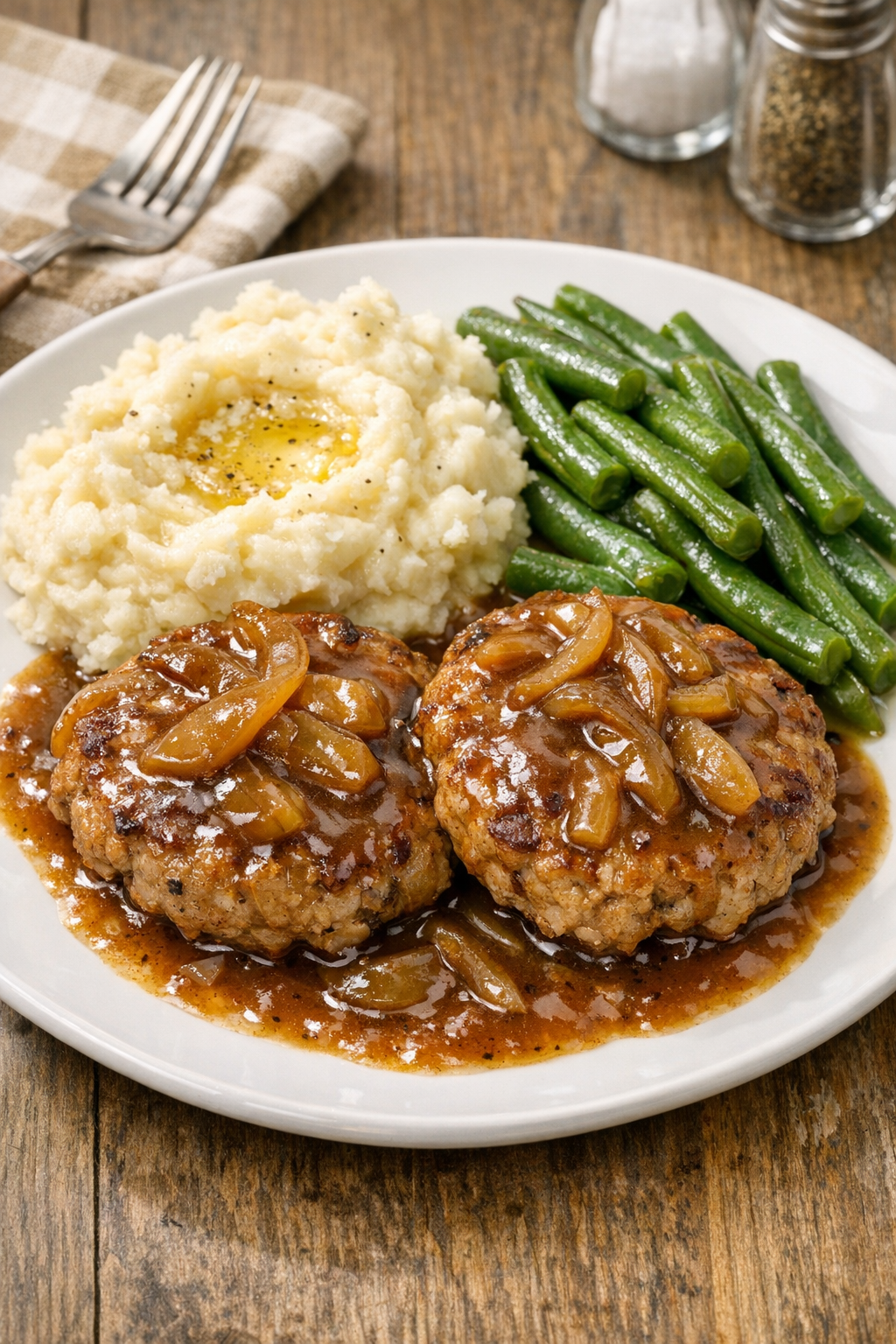 Plated slow cooker pork patties with gravy