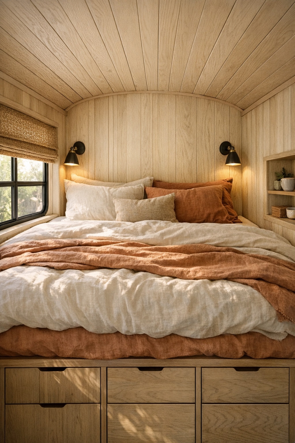 Cozy rear bus bedroom with raised platform bed, linen bedding, and built-in storage