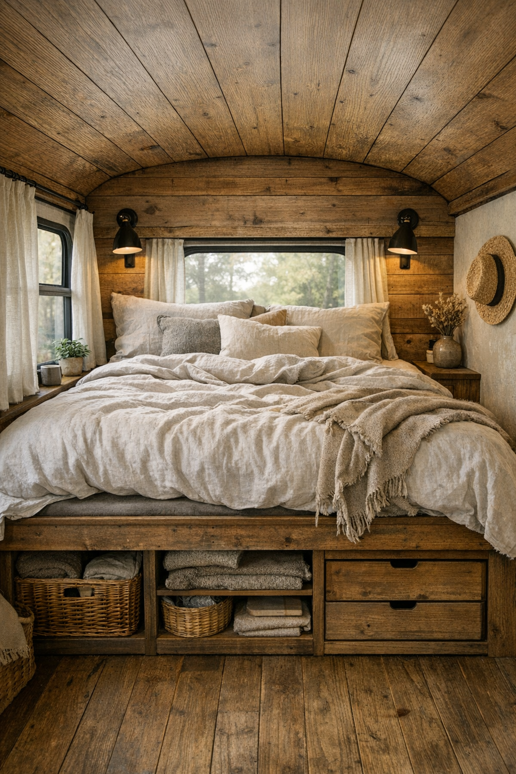 Cozy converted bus bedroom with raised platform bed and linen bedding