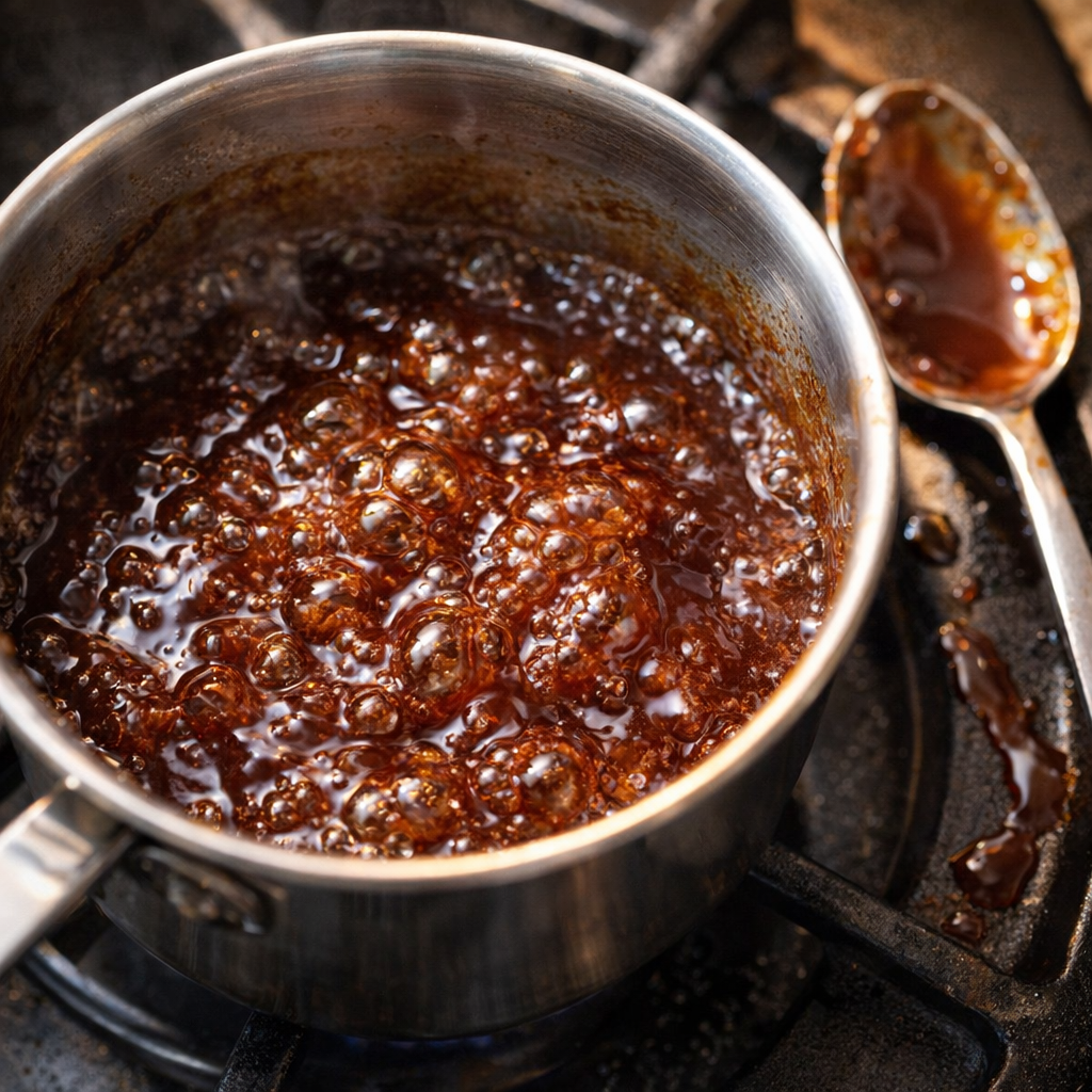 Reduced barbecue sauce simmering in a saucepan