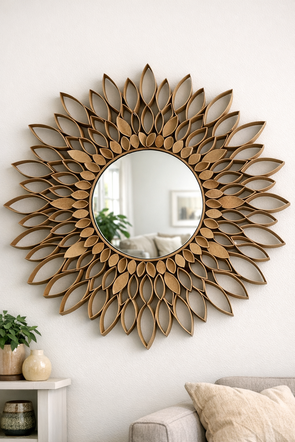 Finished modern cardboard roll sunburst mirror hanging in a living room