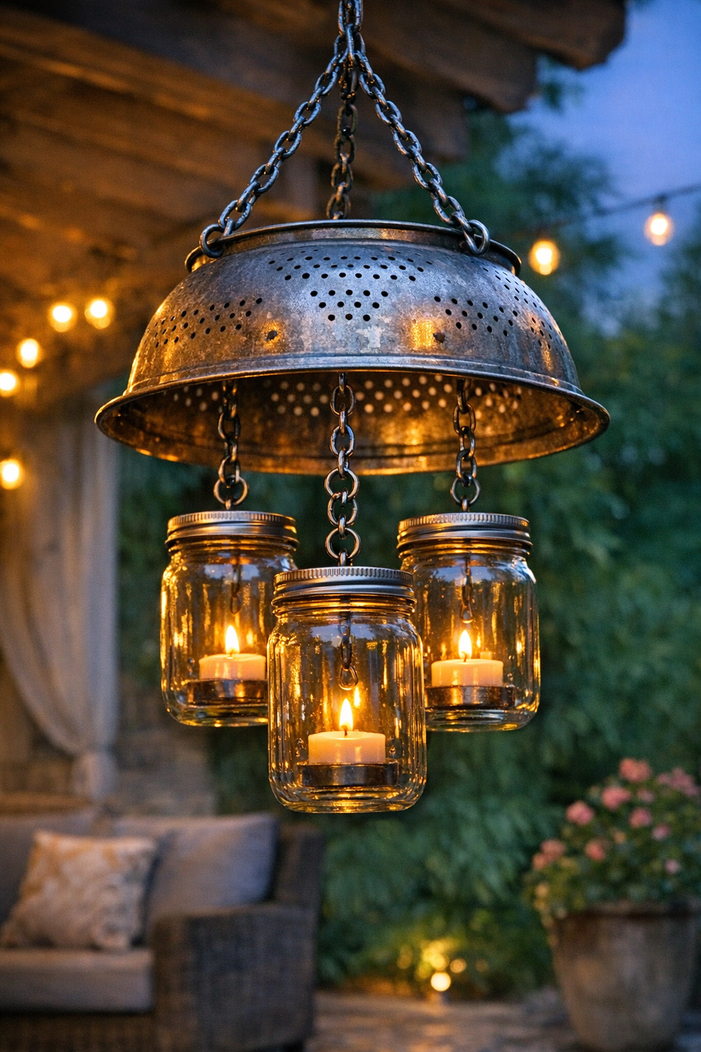 Finished outdoor candle chandelier made from a colander and mason jars