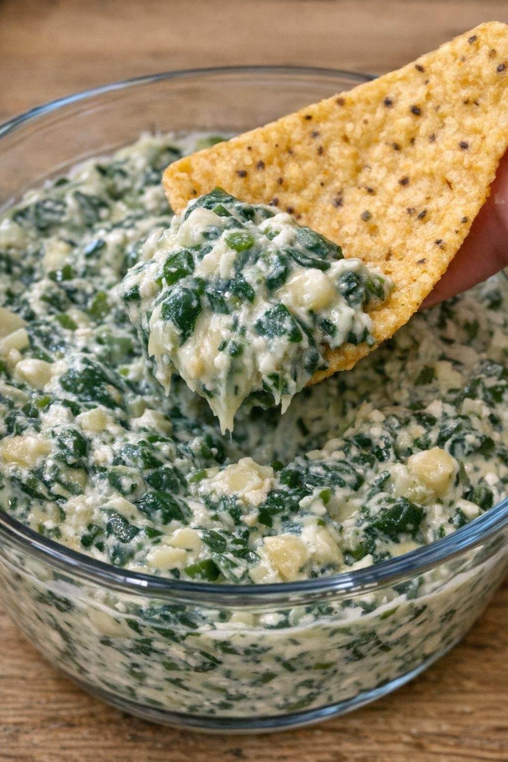 Spinach Carteret dip in a glass bowl with a corn chip scooping some out