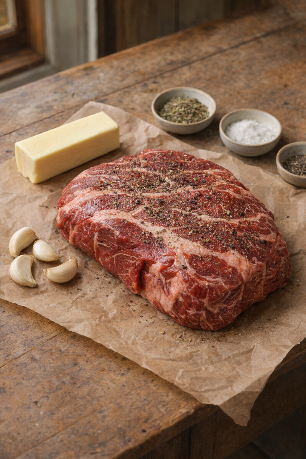 Chuck roast beside butter, garlic, and dried herbs on a worn kitchen table