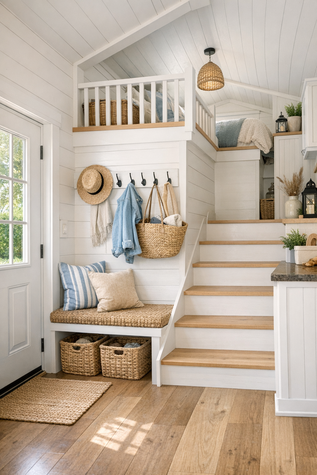 Charming cottage entry and loft area with built-in bench and coastal details