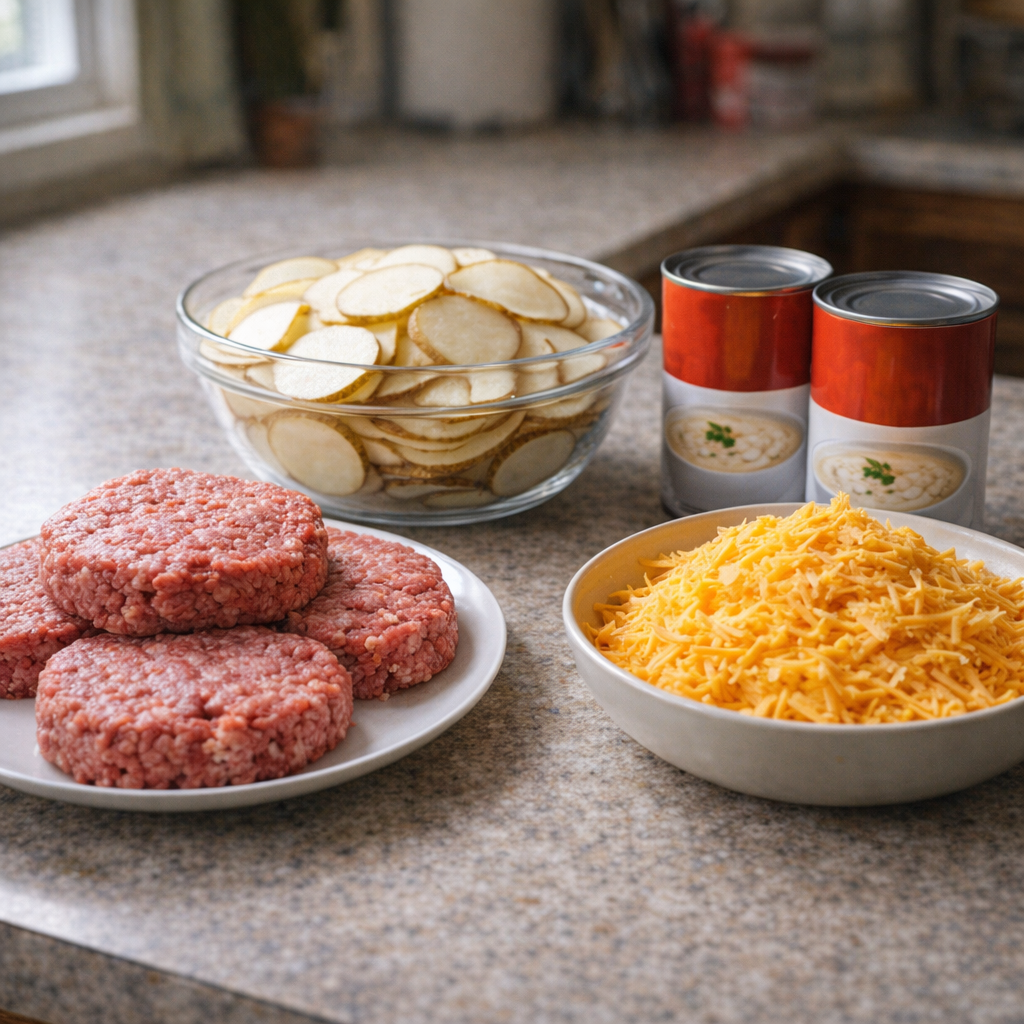 Simple four ingredients arranged on a kitchen counter