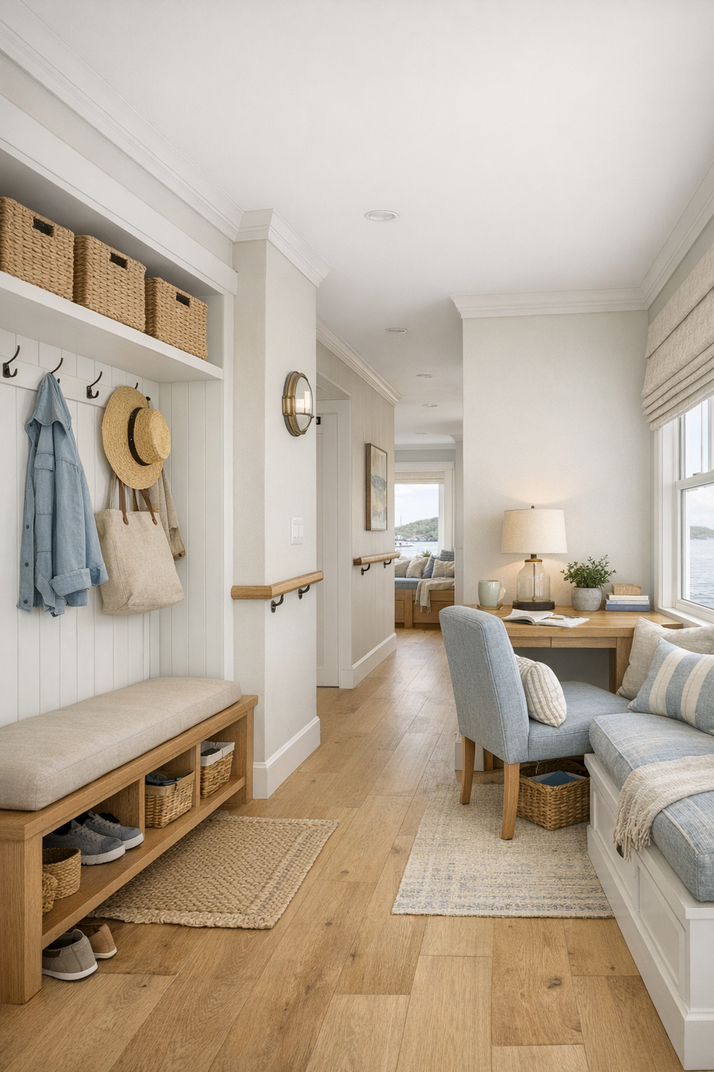 Bright transitional area with built-in storage, a cozy reading nook, and soft coastal finishes