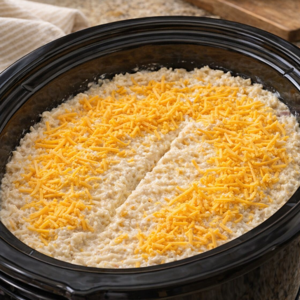 Uncooked hash brown mixture in a slow cooker before baking