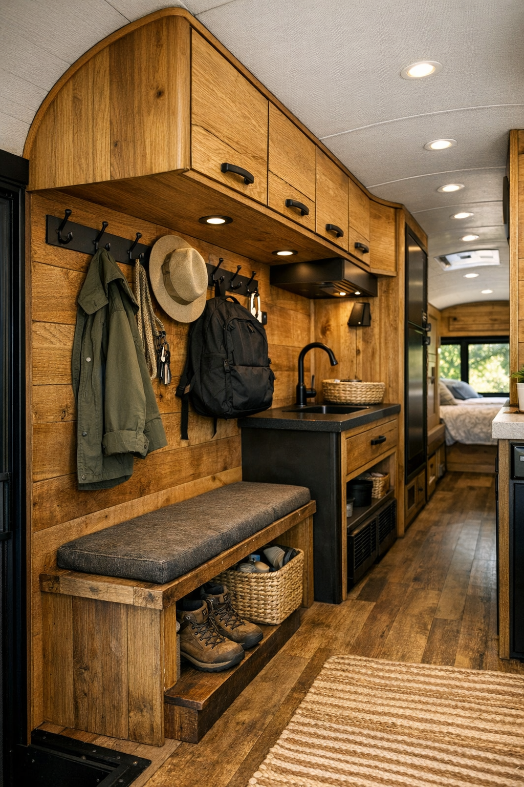 Entry and utility area in a converted bus with storage hooks, overhead cabinets, and rustic finishes