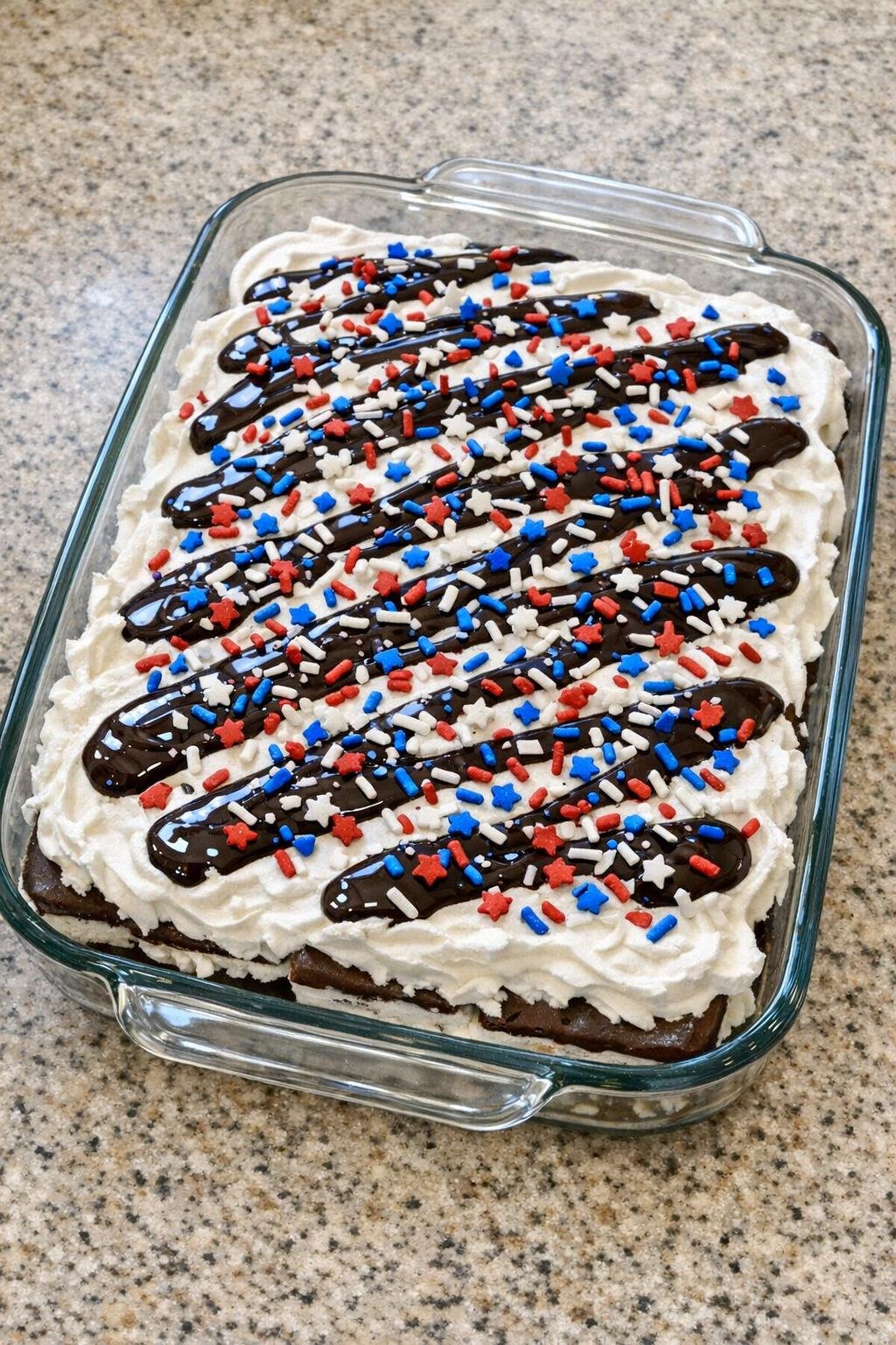 Finished ice cream sandwich dessert in a glass baking dish
