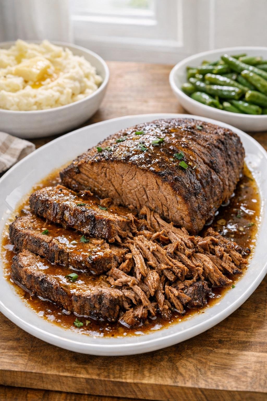 Finished slow cooker beef bottom round roast on a platter