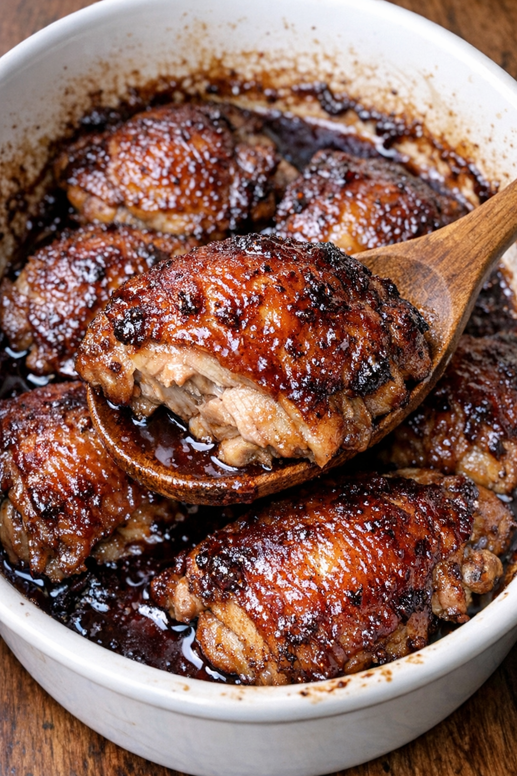 Golden brown chicken thighs in a white casserole dish