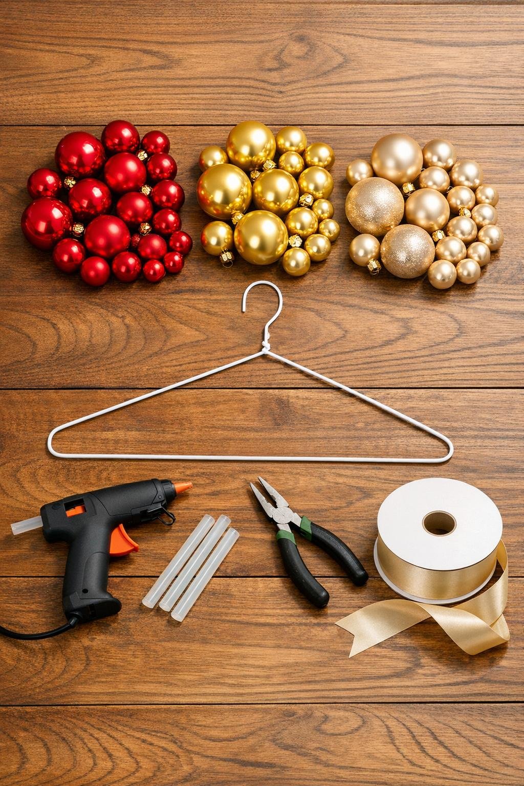Materials for a coat hanger ornament wreath laid out on a table