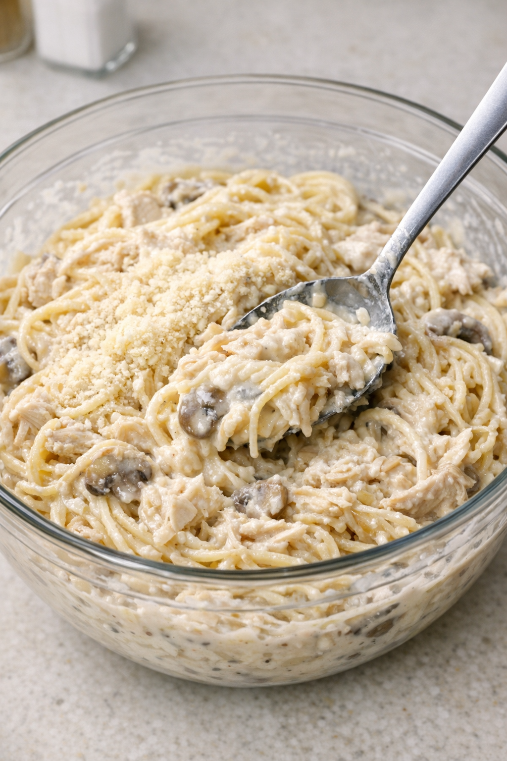 Chicken, spaghetti, soup, and cheese mixed in a bowl