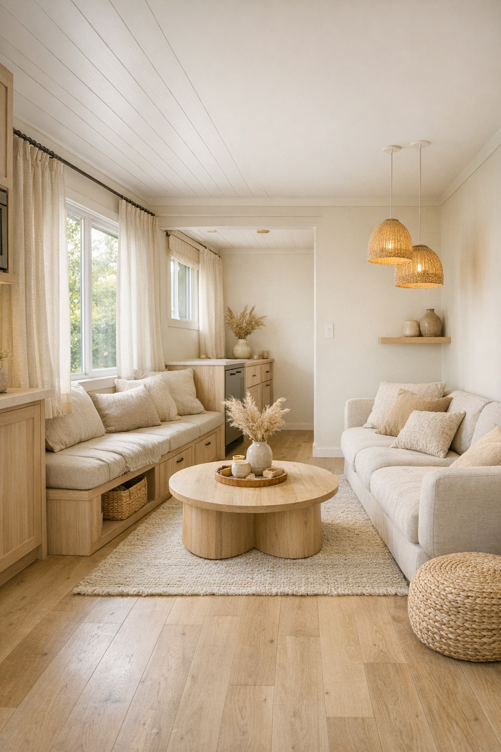 Soft flax tiny home living room with pale wood, linen sofa, and accessible open layout