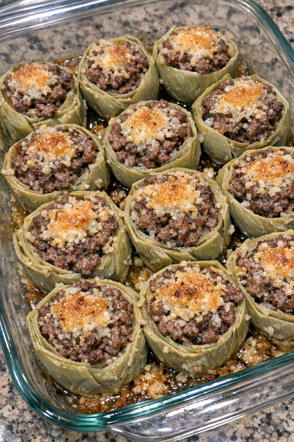 Close up of baked beef stuffed artichoke hearts