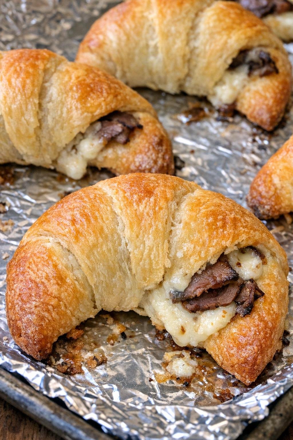 Golden brown roast beef and goat cheese crescent moons on a foil-lined baking sheet