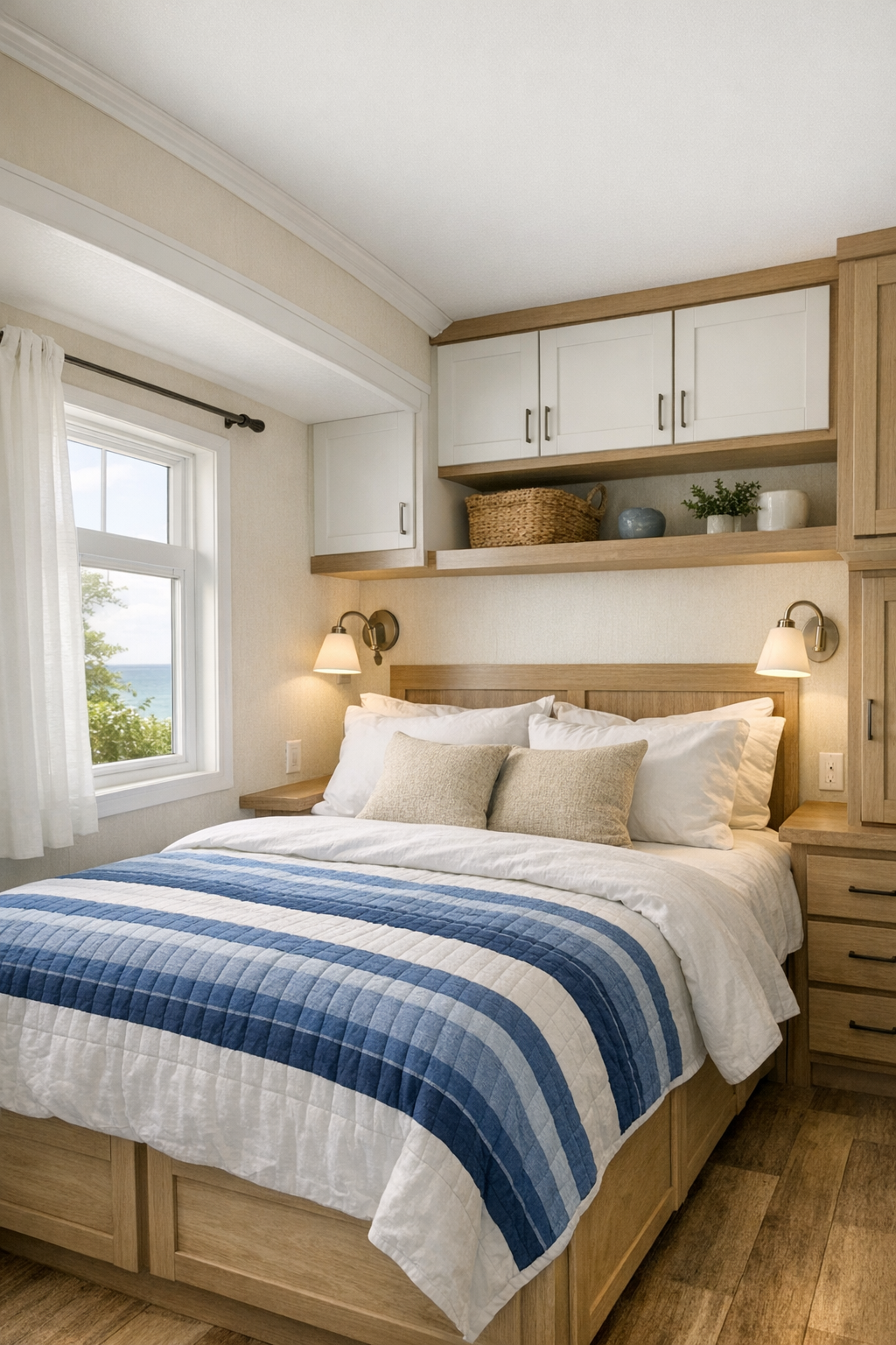 Cozy coastal bedroom with soft white bedding, blue accents, and built-in storage