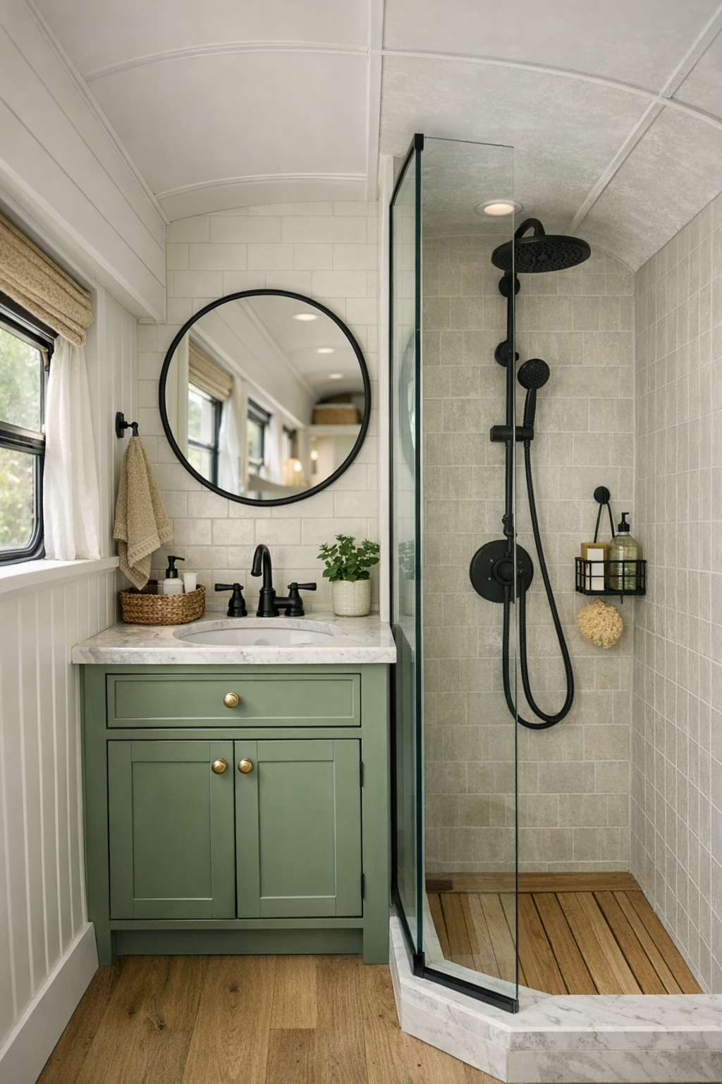 Compact bus bathroom with beadboard walls, round mirror, and light tile shower