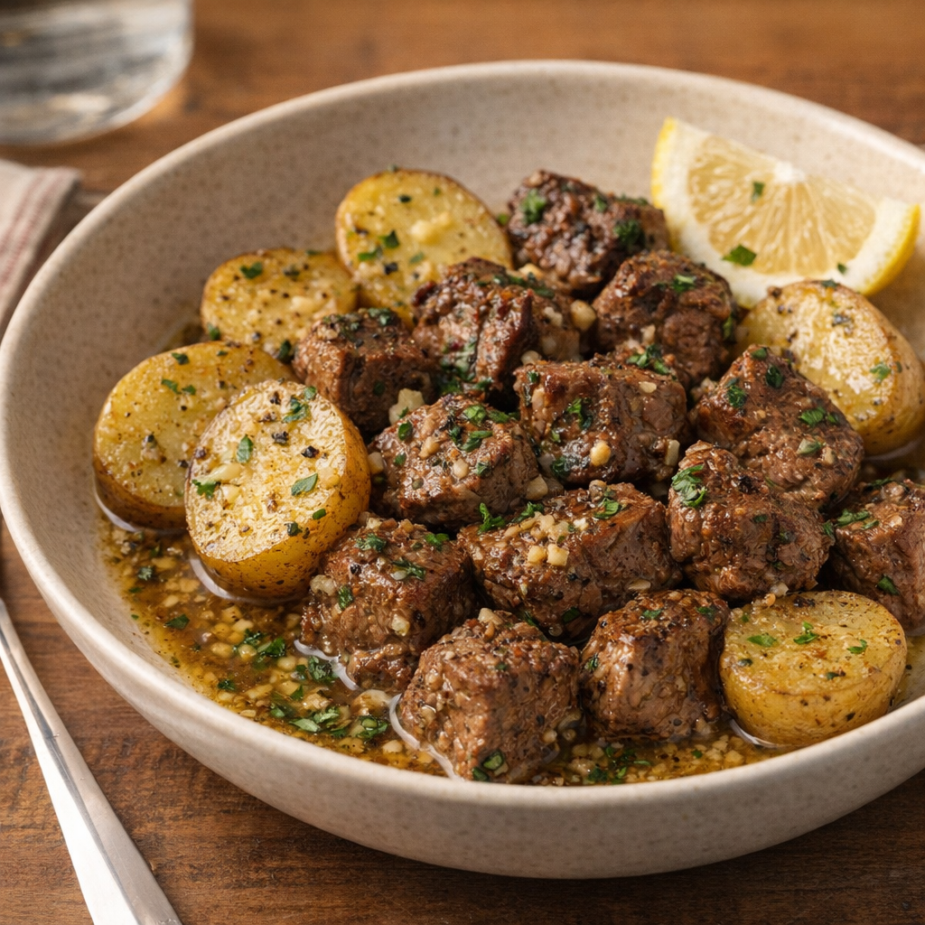 Served steak and potato foil packet in a shallow bowl with parsley