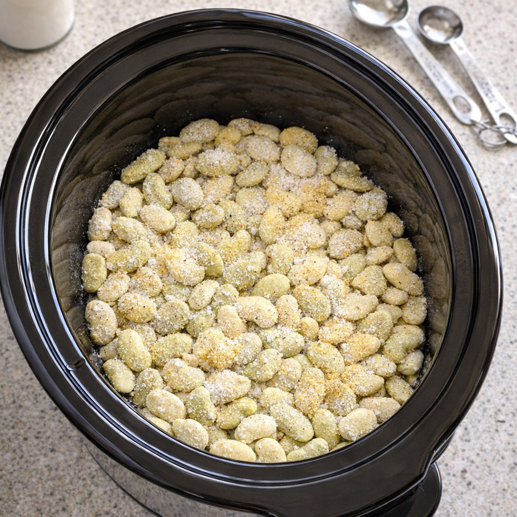 Top-down prep shot of lima beans and seasonings in a slow cooker insert