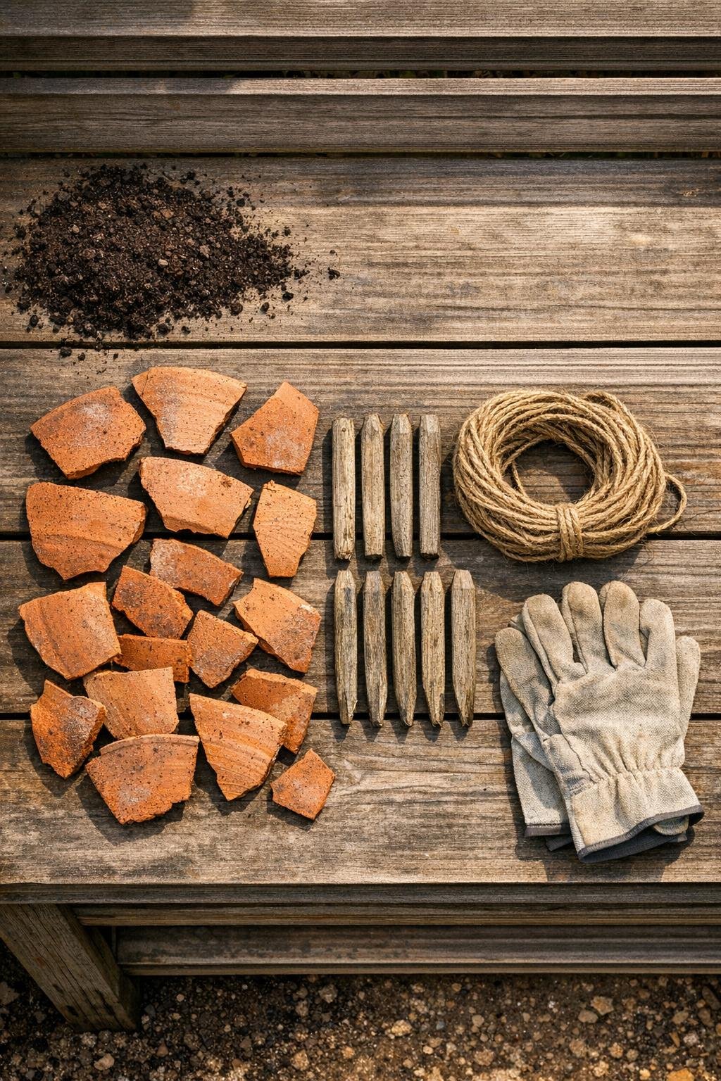 Broken terracotta pot pieces, stakes, and twine laid out on a potting bench