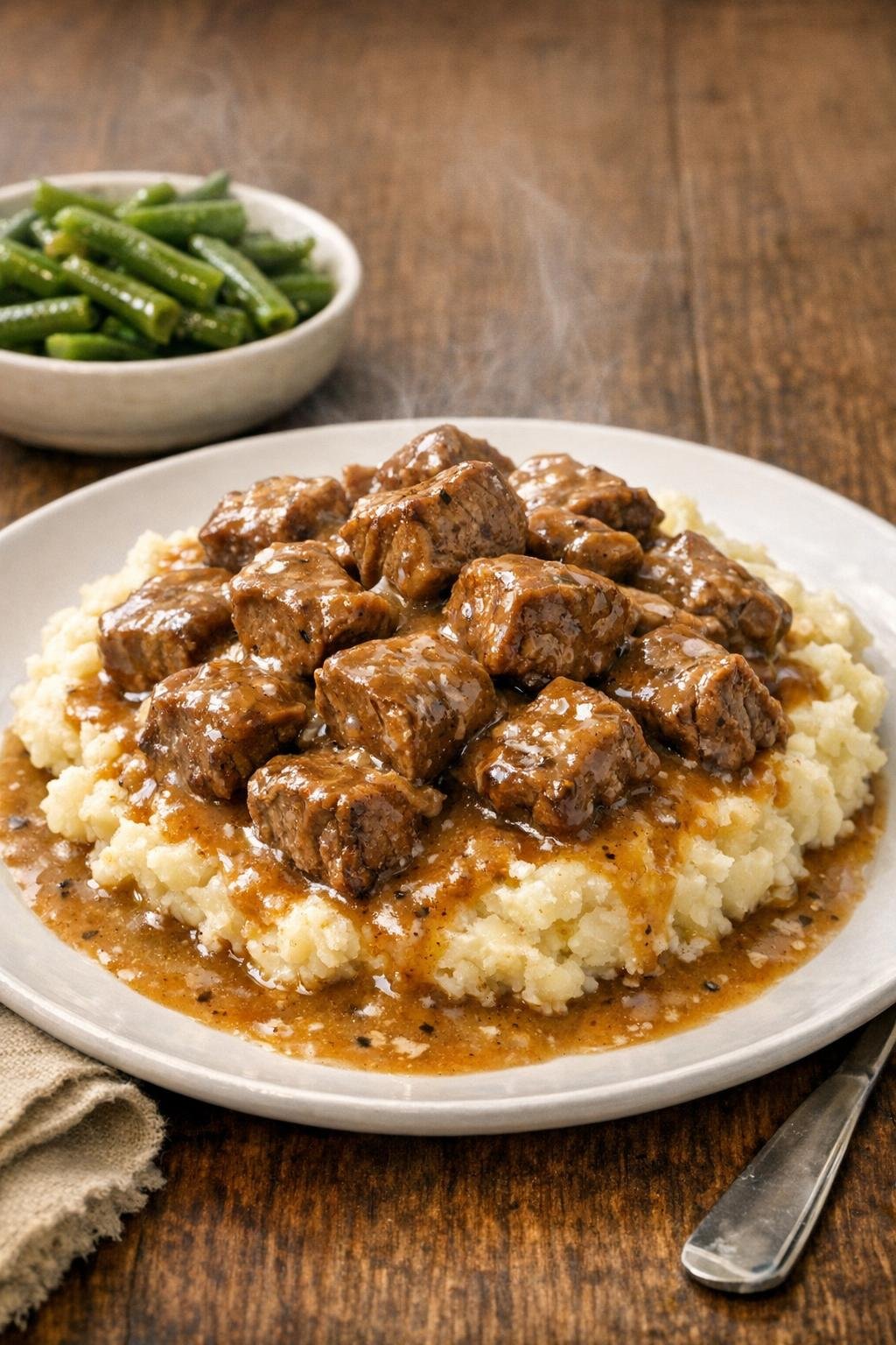 Plated beef tips with creamy gravy over mashed potatoes