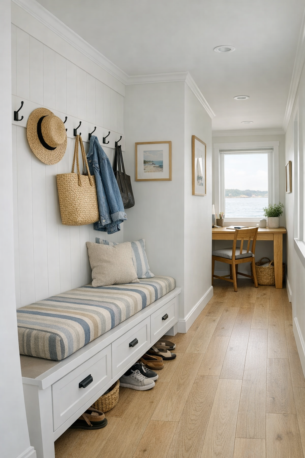 Built-in entry and hallway area with storage bench in a coastal farmhouse houseboat