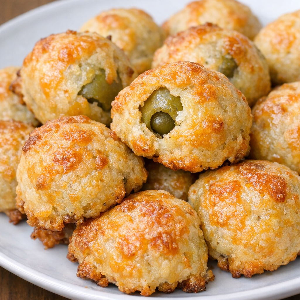 Southern 4-ingredient baked olive bites on a white ceramic plate