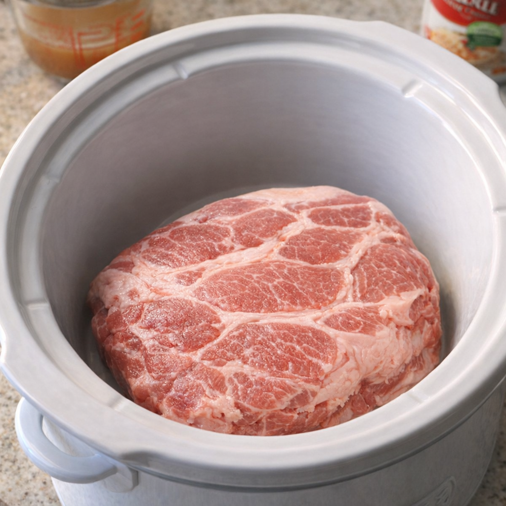 Raw pork roast in a slow cooker insert