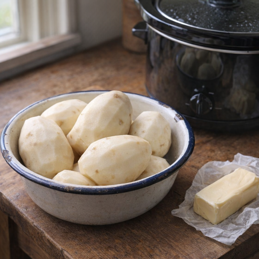 Peeled russet potatoes beside a slow cooker on a farmhouse counter