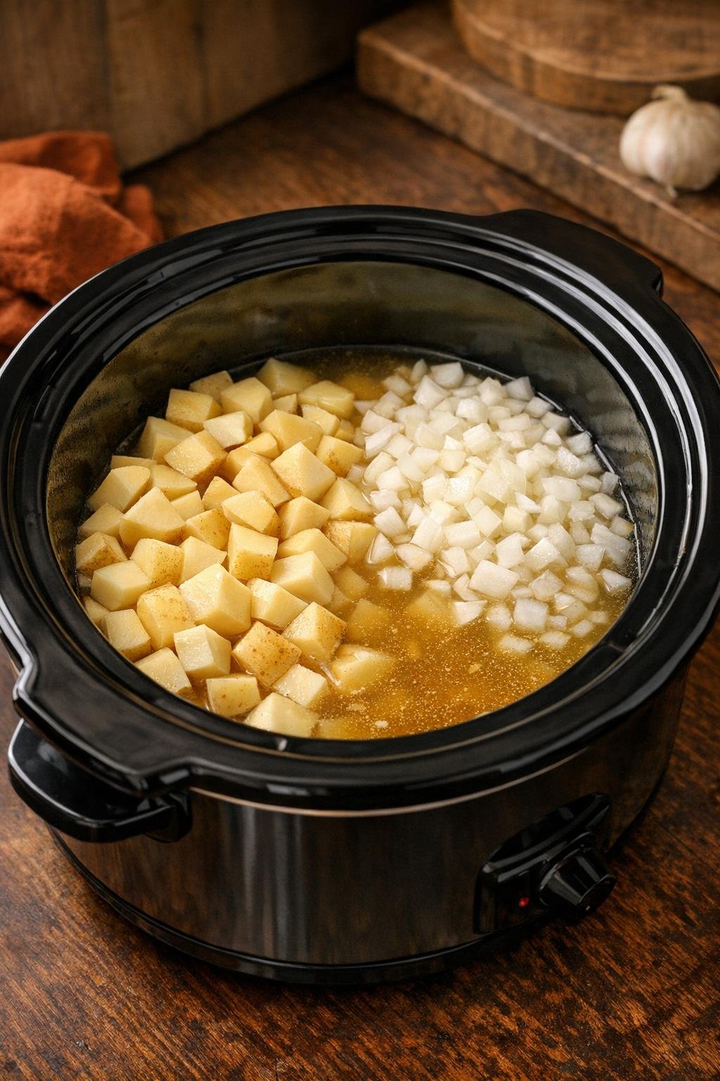 Aardappelen, ui en bouillon in een slowcooker doen voordat ze gekookt worden.