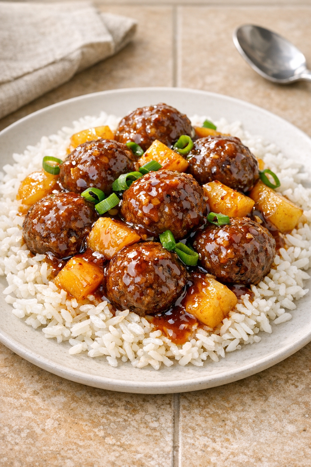 Final plated Hawaiian meatballs with rice