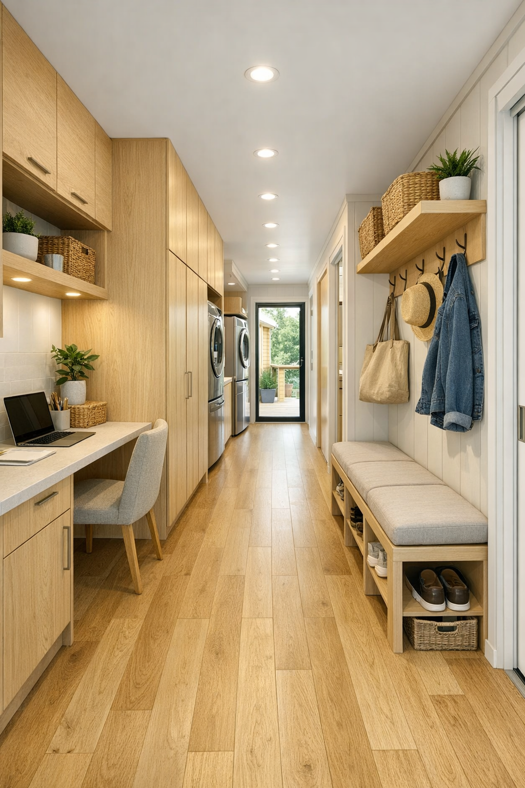 Bright hallway and flexible utility area with built-in storage