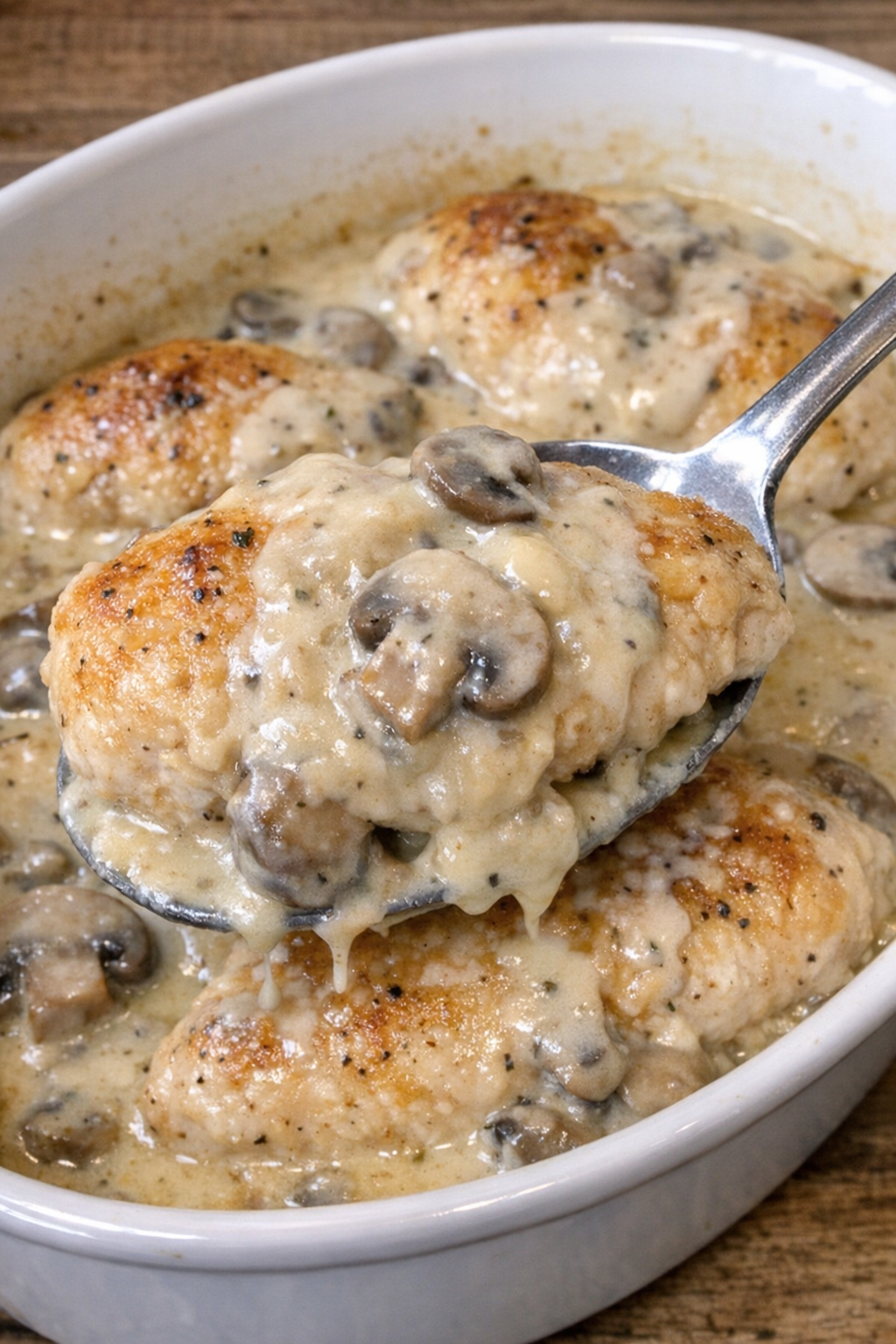 Golden chicken breasts in creamy mushroom sauce in a white oval casserole dish