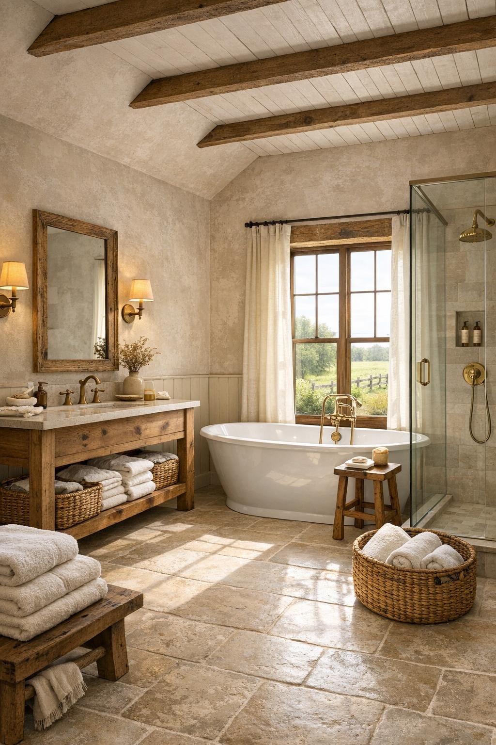 Farmhouse bathroom with a wood vanity, pale stone surfaces, and a soaking tub