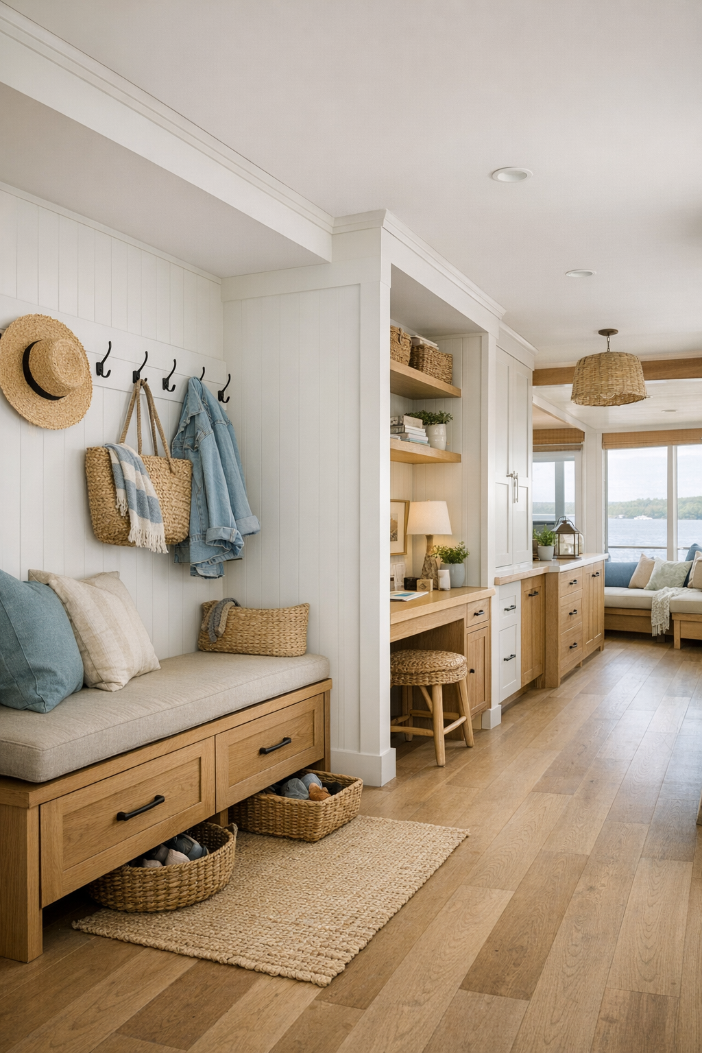 Houseboat entry and flex area with built-in bench, oak storage, and bright circulation space