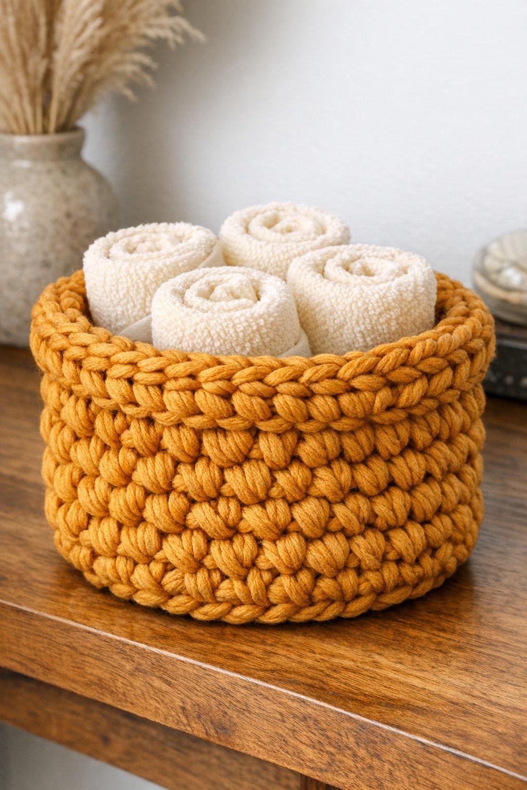 Finished amber crocheted decorative bowl made over a plastic bucket