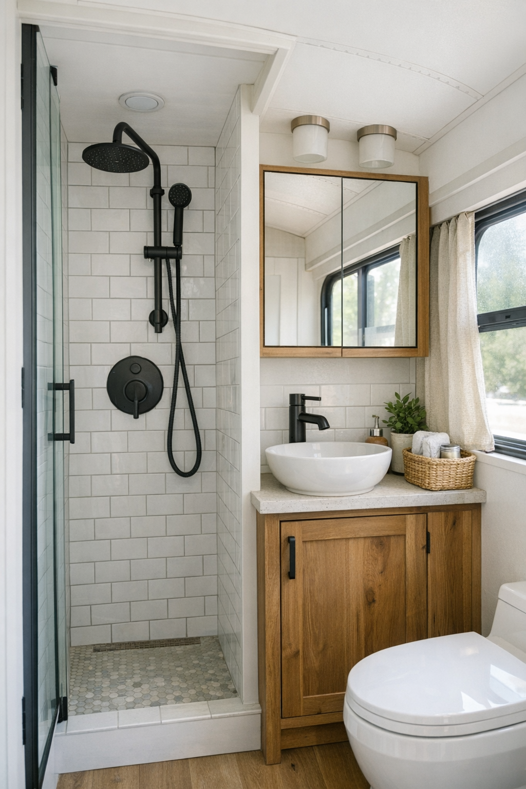 Small but refined bus bathroom with tiled shower and wood vanity
