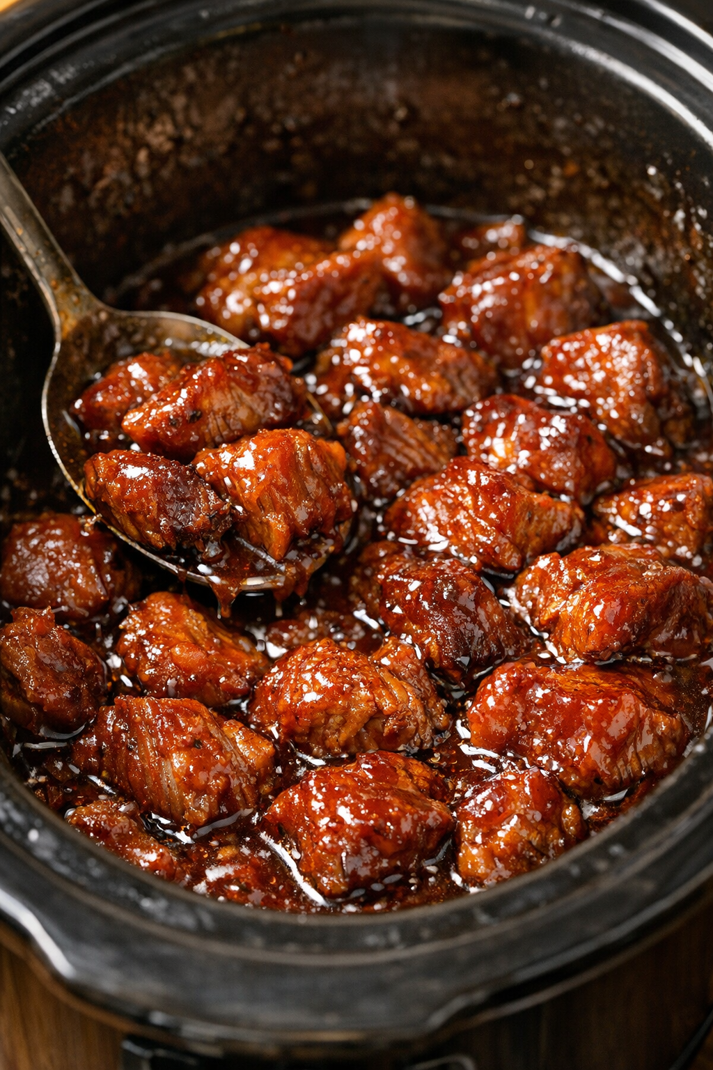 Sauce thickened around cooked protein chunks in the slow cooker