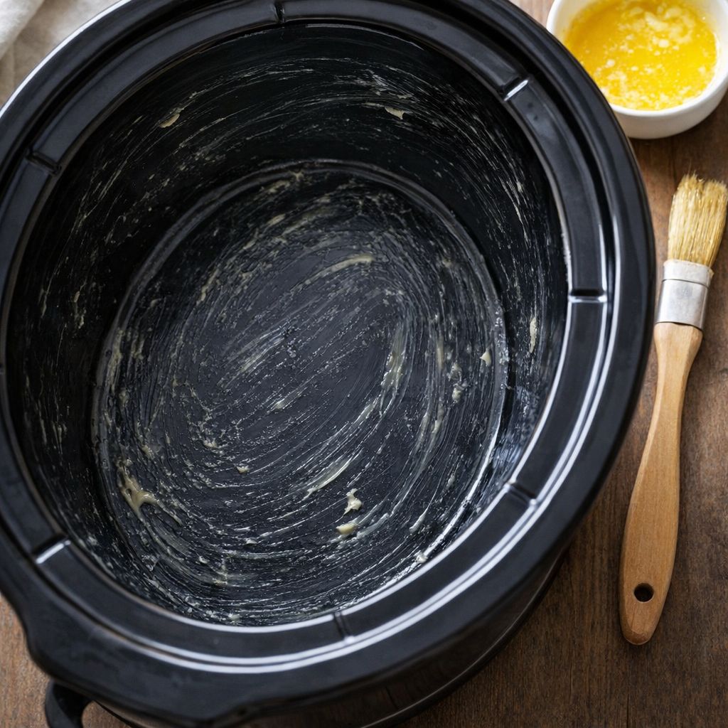 Greased slow cooker crock ready for cake