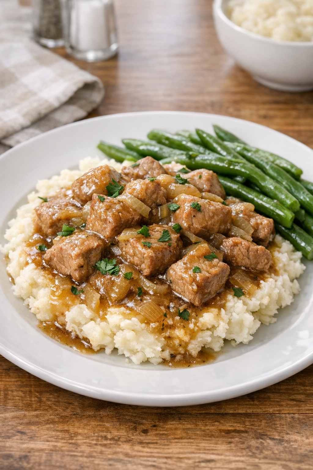 Finished slow cooker pork served over mashed potatoes