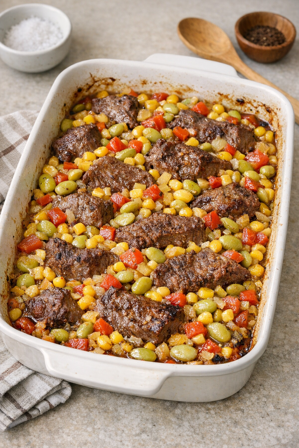 Finished baked beef and succotash casserole in a baking dish