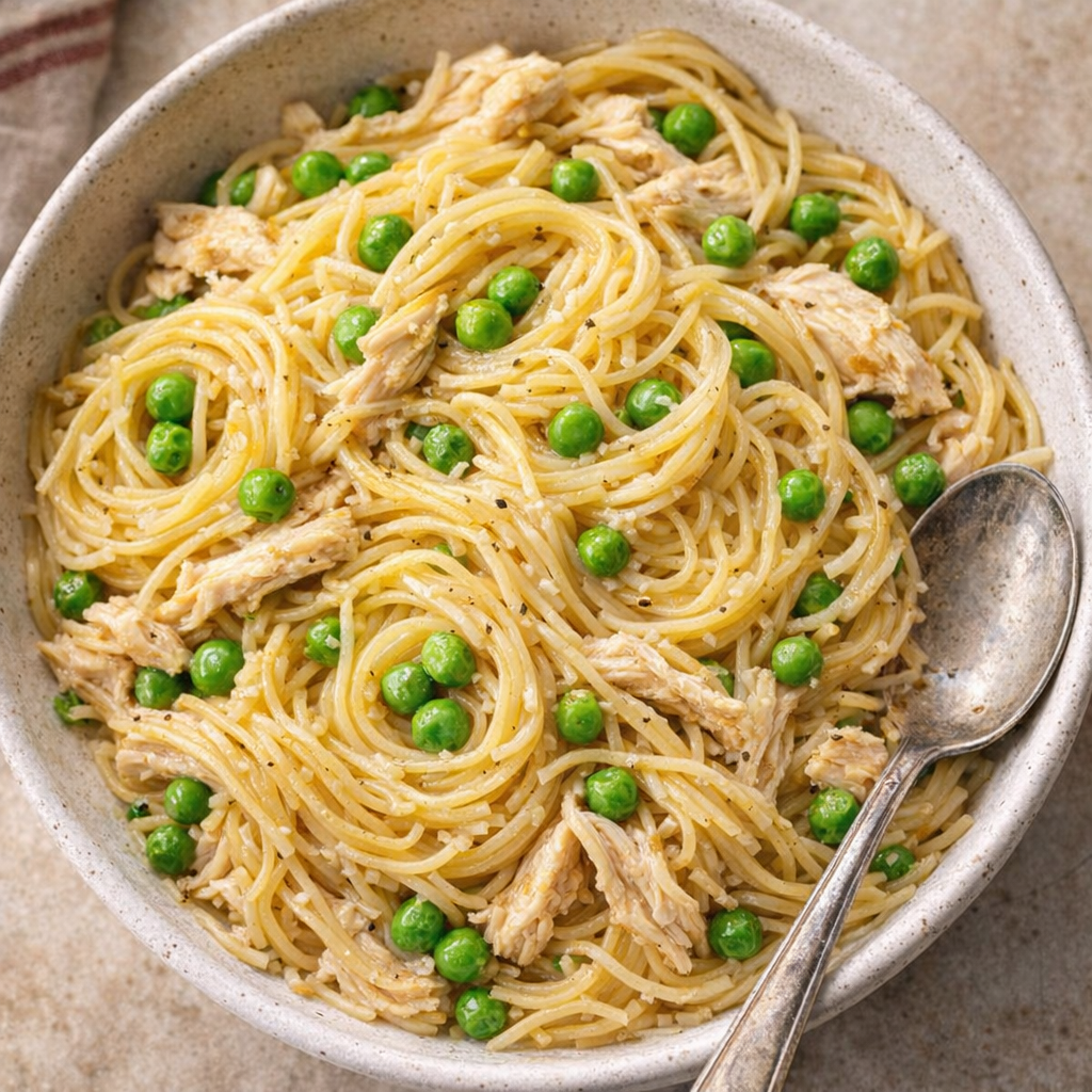 Garlic noodles with peas and shredded chicken variation